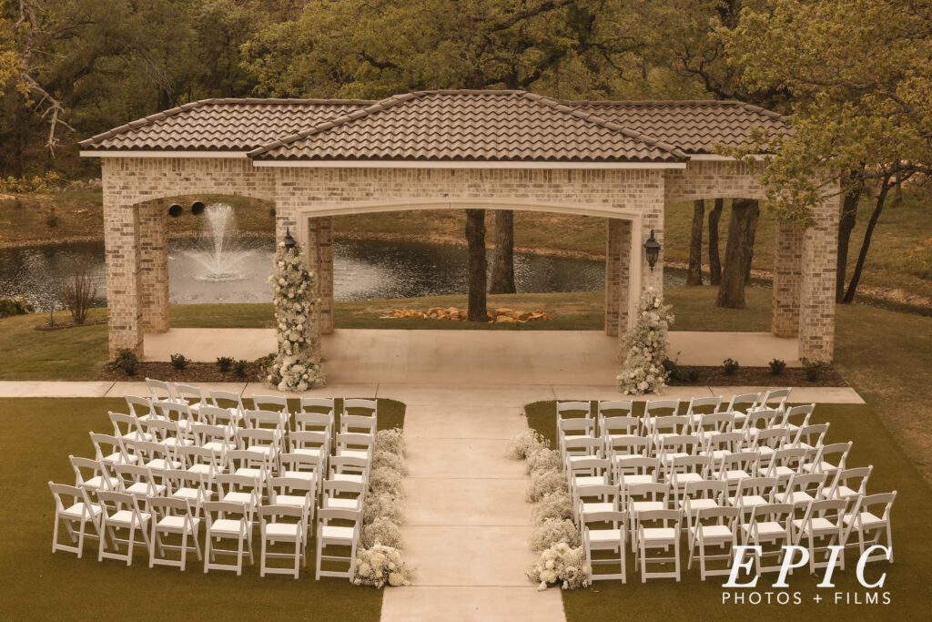 Fort Worth wedding venue outdoor ceremony with luxury chairs, landscaping, views and natural beauty. 