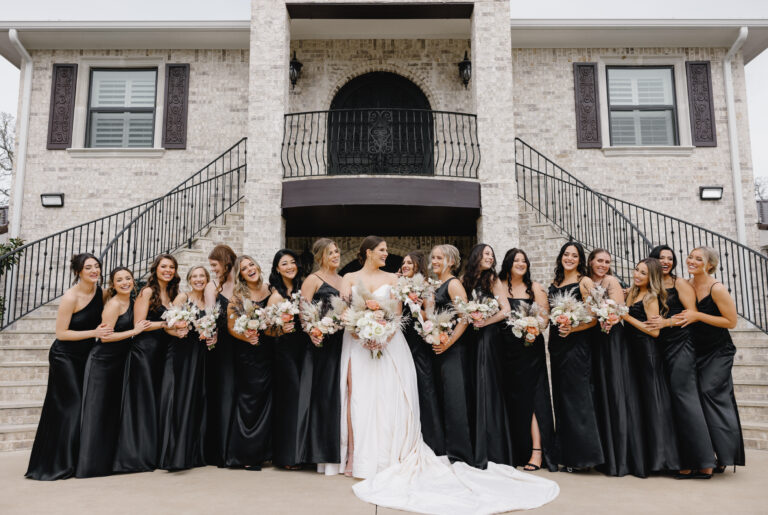 Fort Worth wedding venue at spring, luxury wedding dress bride and bridesmaids