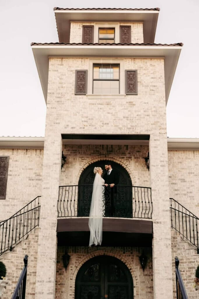 Elegant balcony & romantic wedding spaces at our European style wedding venue near Fort Worth